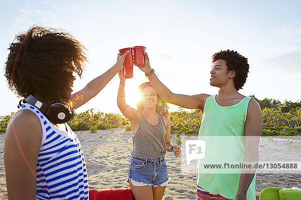 Glückliche Freunde stoßen an sonnigen Tagen am Strand an