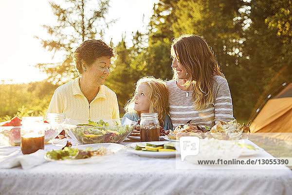 Multi generation family enjoying on picnic table
