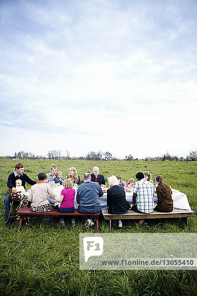 Family and friends sitting at picnic table against sky