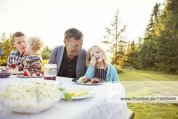 Family enjoying on picnic table