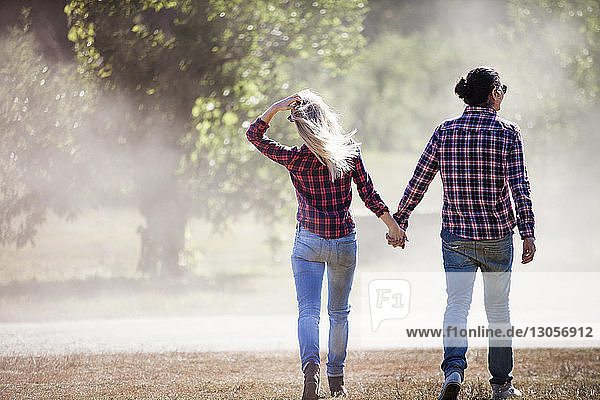 Rear view of couple holding hands while walking in forest