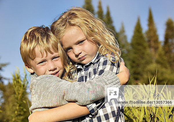 Porträt von Geschwistern  die sich an einem sonnigen Tag auf dem Feld umarmen