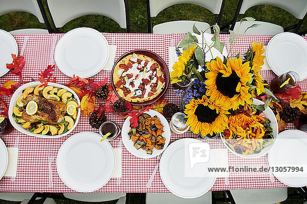 High angle view of food served on picnic table