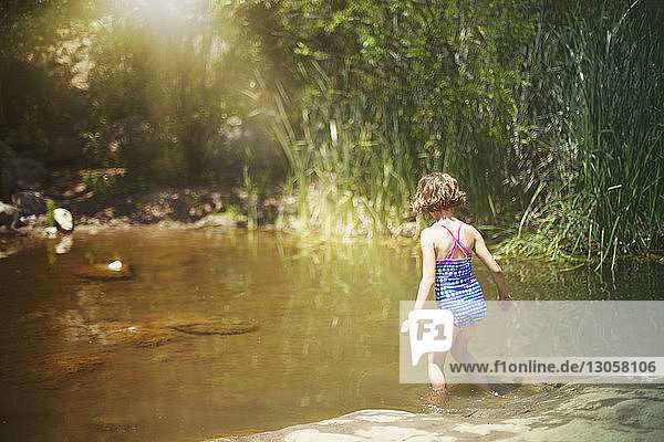 Rear view of girl walking in water at forest