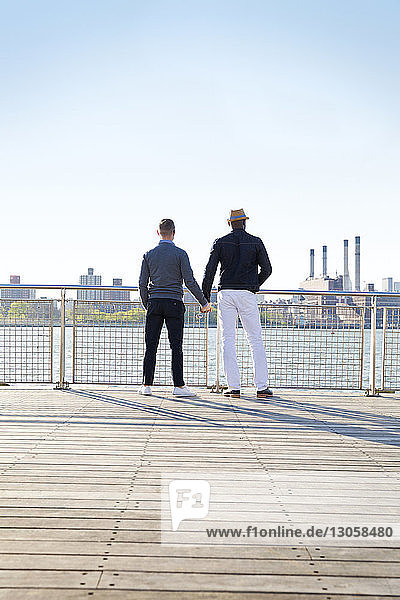 Rear view of gay men holding hands while standing on pier against clear sky