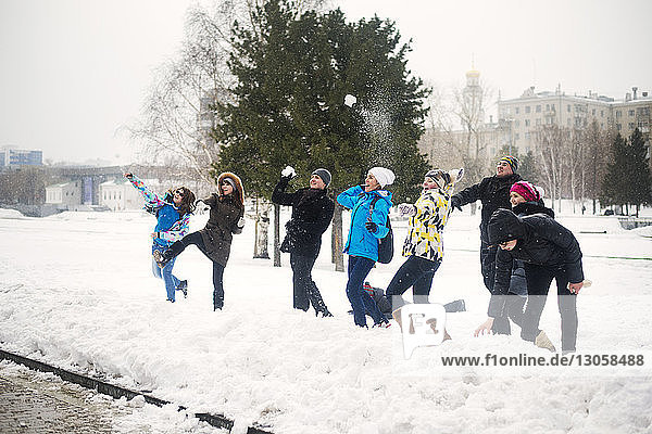 Freunde spielen mit Schnee im Park