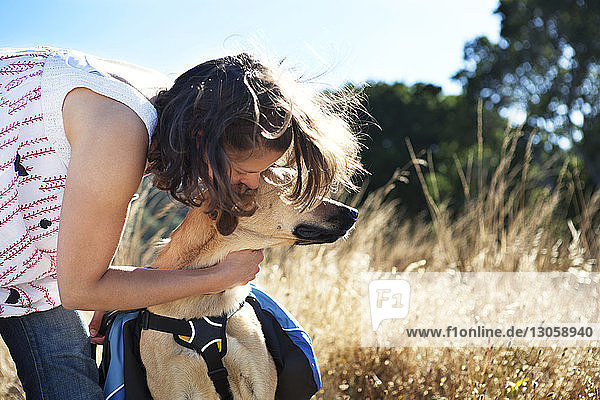 Frau spielt mit Hund auf Grasfeld an sonnigem Tag