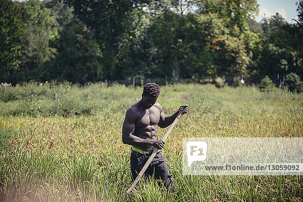 Shirtless muscular farmer working on field