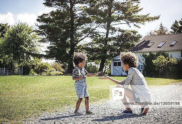 Boy giving stone to sister at backyard