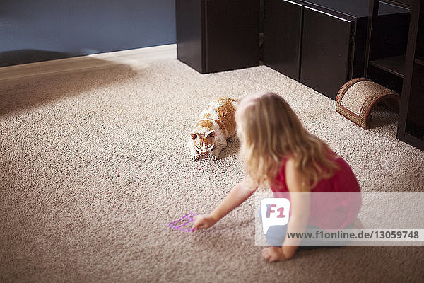 Mädchen spielt zu Hause mit Katze auf dem Teppich