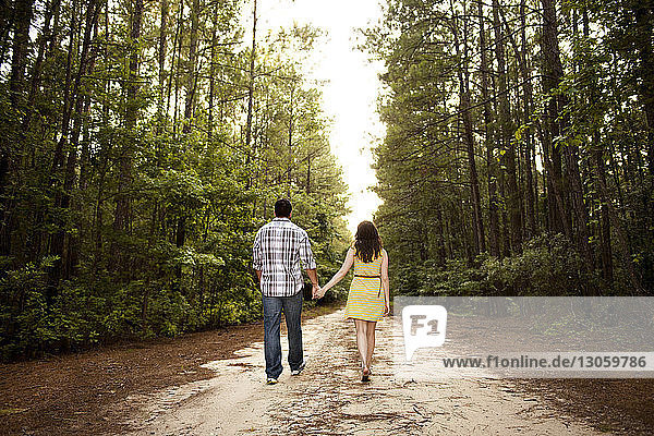 Rückansicht eines Paares  das sich auf einem Feldweg zwischen Bäumen im Wald an den Händen hält