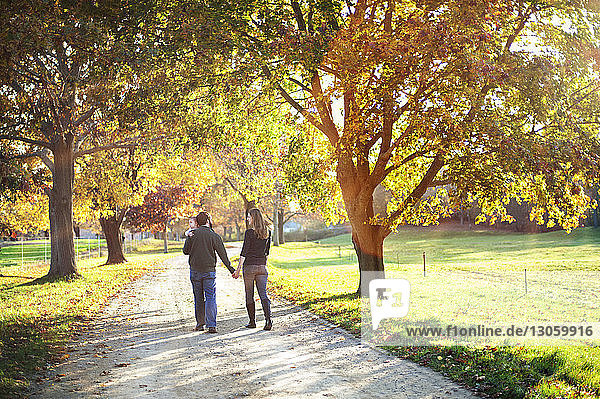 Rückansicht eines Paares mit Sohn beim Spaziergang im Park