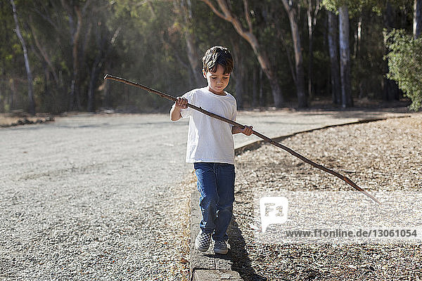 Boy holding stick while walking on footpath