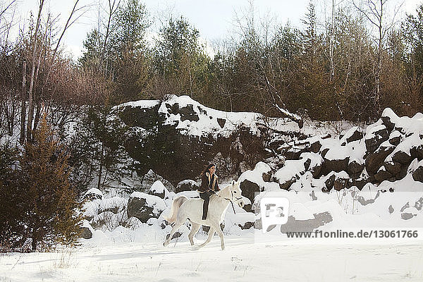 Glückliche Frau reitet Pferd auf Schneefeld
