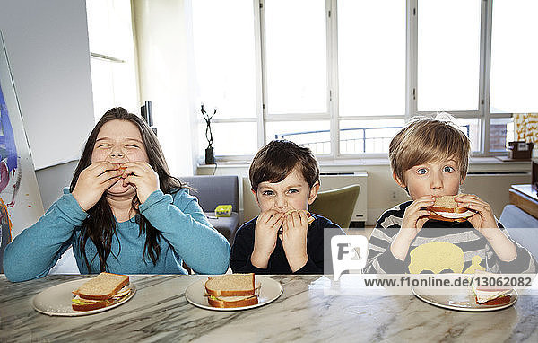 Porträt von Kindern  die am Tisch sitzend ein Sandwich essen