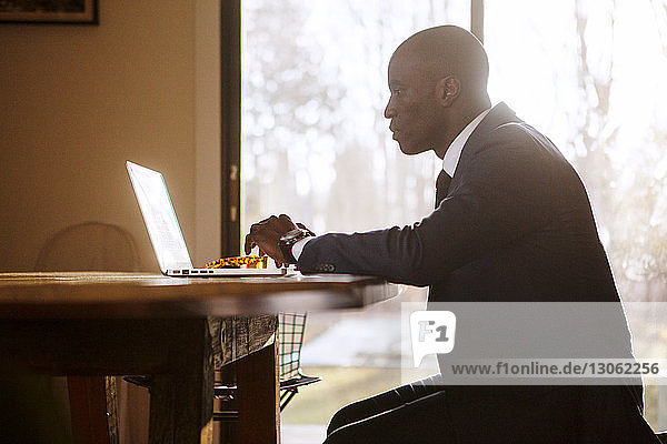 Seitenansicht eines Mannes bei der Benutzung eines Laptops zu Hause