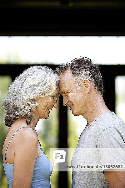 Profilansicht eines glücklichen älteren Paares  das sich gegenseitig ansieht