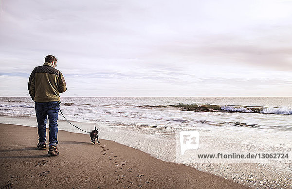 Rear view of man with dog walking at shore against cloudy sky