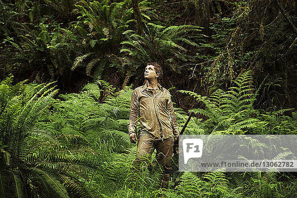 Bauer schaut auf  während er im Wald steht