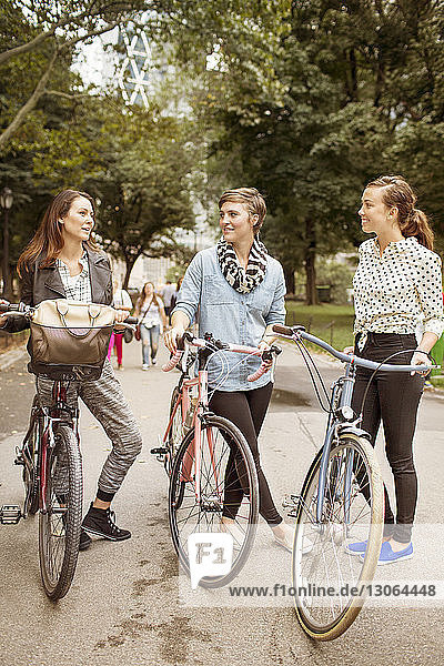 Friends with bicycles standing on road in central park