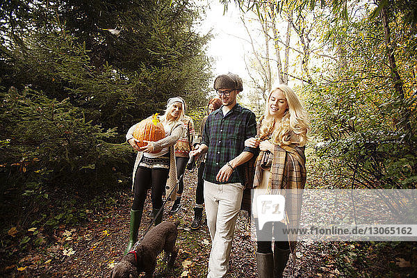 Frau hält Halloween-Kürbis  während sie mit Freunden im Wald spazieren geht