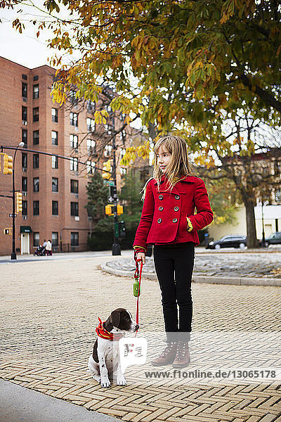 Mädchen mit Hund schaut weg  während sie auf dem Fußweg steht
