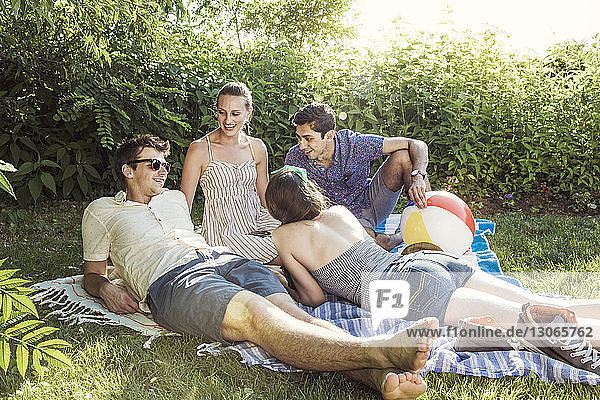 Glückliche Freunde unterhalten sich an einem sonnigen Tag im Hinterhof