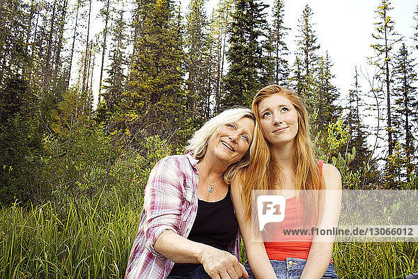 Nachdenklich lächelnde Mutter und Tochter sitzen an Bäumen im Wald