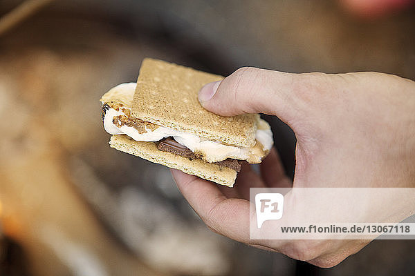 Cropped image of hands holding smores during summer camp
