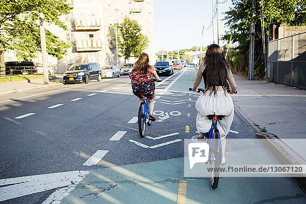 Rückansicht von Freunden  die auf der Straße in der Stadt Fahrrad fahren