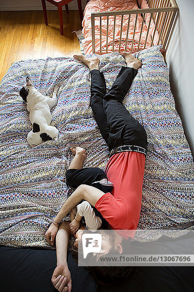 Draufsicht auf einen Mann  der mit Tochter und Hund auf dem Bett schläft