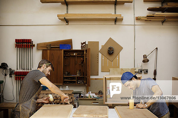 Arbeiter tragen Leim auf Holzbrettern auf  während sie in der Werkstatt arbeiten