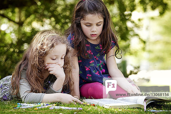 Mädchen betrachten Malbuch  während sie sich auf dem Feld entspannen