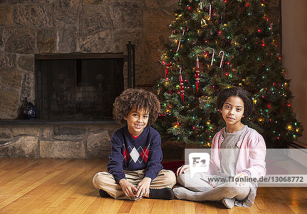 Portrait of siblings sitting against Christmas tree at home