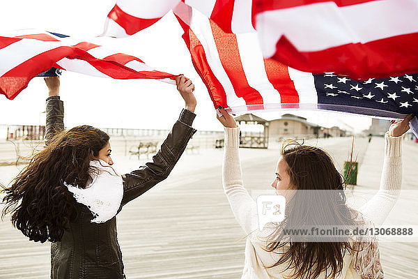 Rückansicht von Freunden  die die amerikanische Flagge hochhalten  während sie auf dem Bodenbrett stehen