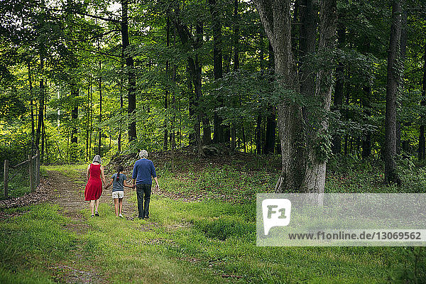 Rear view of girl walking with grandparents on pathway by trees at forest