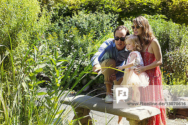 Family looking at plants in park