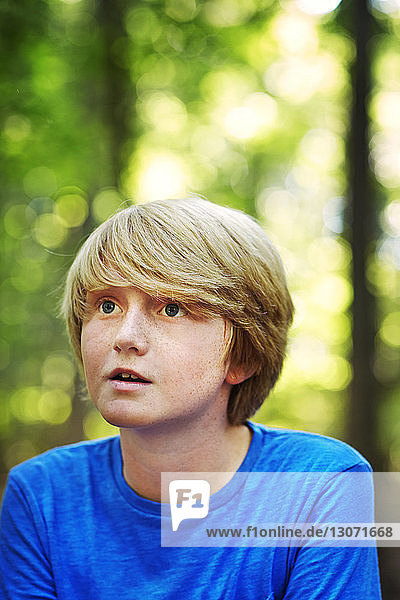 Nachdenklicher Junge schaut weg  während er im Wald steht