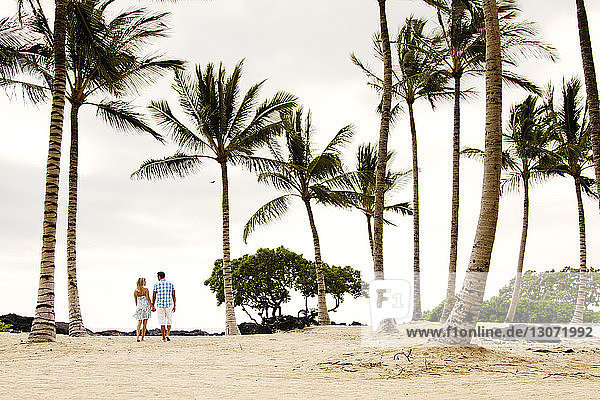 Rückansicht eines Paares  das am Strand auf Sand läuft