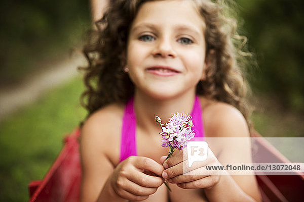 Porträt eines Mädchens  das Blumen hält  während es in einem Karren sitzt