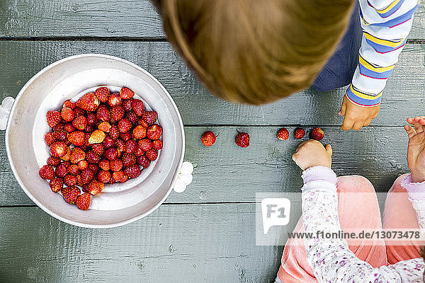 Draufsicht auf Geschwister  die mit frisch geernteten Erdbeeren auf dem Boden spielen