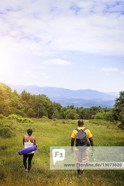 Rear view of hikers walking on grassy field against sky