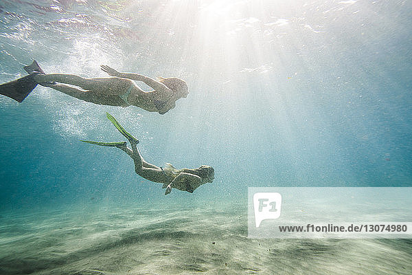 Female friends swimming undersea