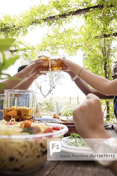 Cropped image of friends toasting iced tea glasses at outdoor table