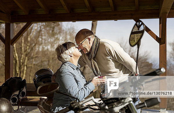 Glückliches älteres Ehepaar reibt sich mit dem Motorrad im Pavillon die Nasen