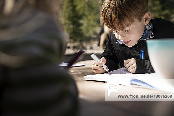 Junge lernt bei Tisch an einem sonnigen Tag