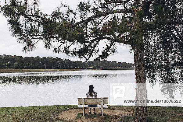 Rückansicht einer Frau  die auf einer Bank am See im Park sitzt