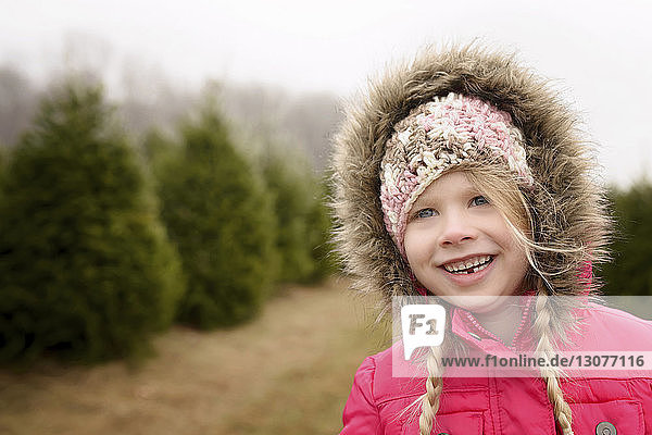 Cheerful girl looking away while standing in pine tree farm