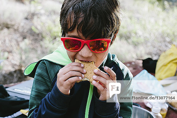 Boy in sunglasses eating sandwich at campsite
