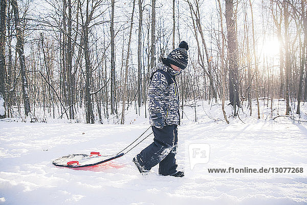 Side view of boy with sled walking on snowy field against bare trees